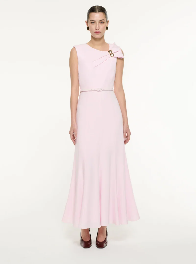 BOW DRAPE SATIN CREPE MAXI DRESS