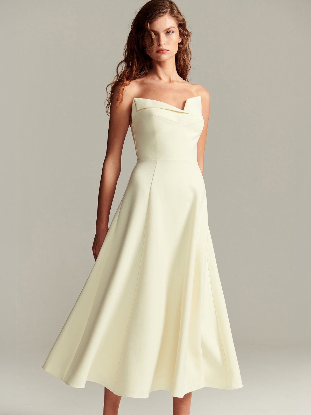 STRAPLESS DRAPE CREPE MIDI DRESS