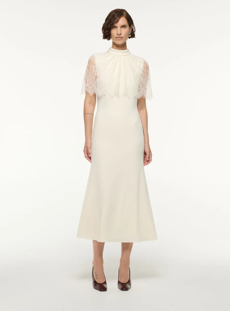 SCALLOP LACE SHAWL COLUMN MIDI DRESS