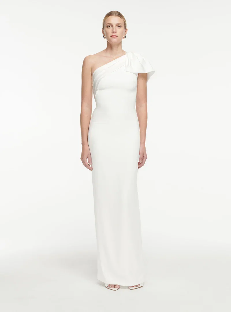 ASYMMETRIC BOW SATIN CREPE GOWN