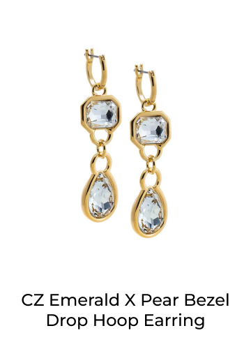 CZ Emerald X Pear Bezel Drop Hoop Earring