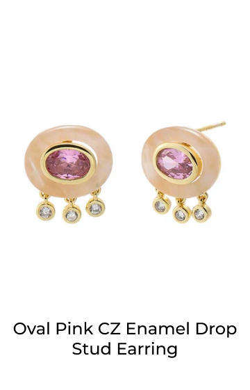 Oval Pink CZ Enamel Drop Stud Earring