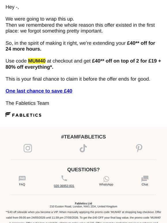 Final 24 hours: £40 off