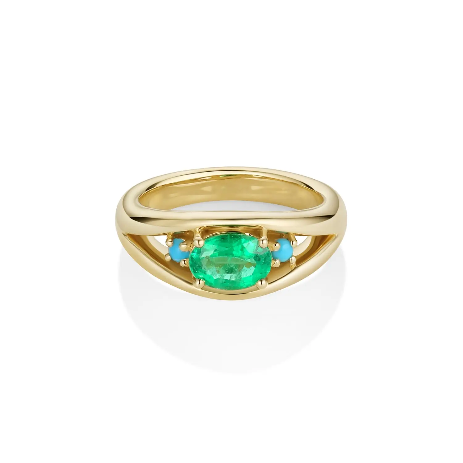 Image of 0.74ct Oval Emerald and Turquoise Open Bombe Ring