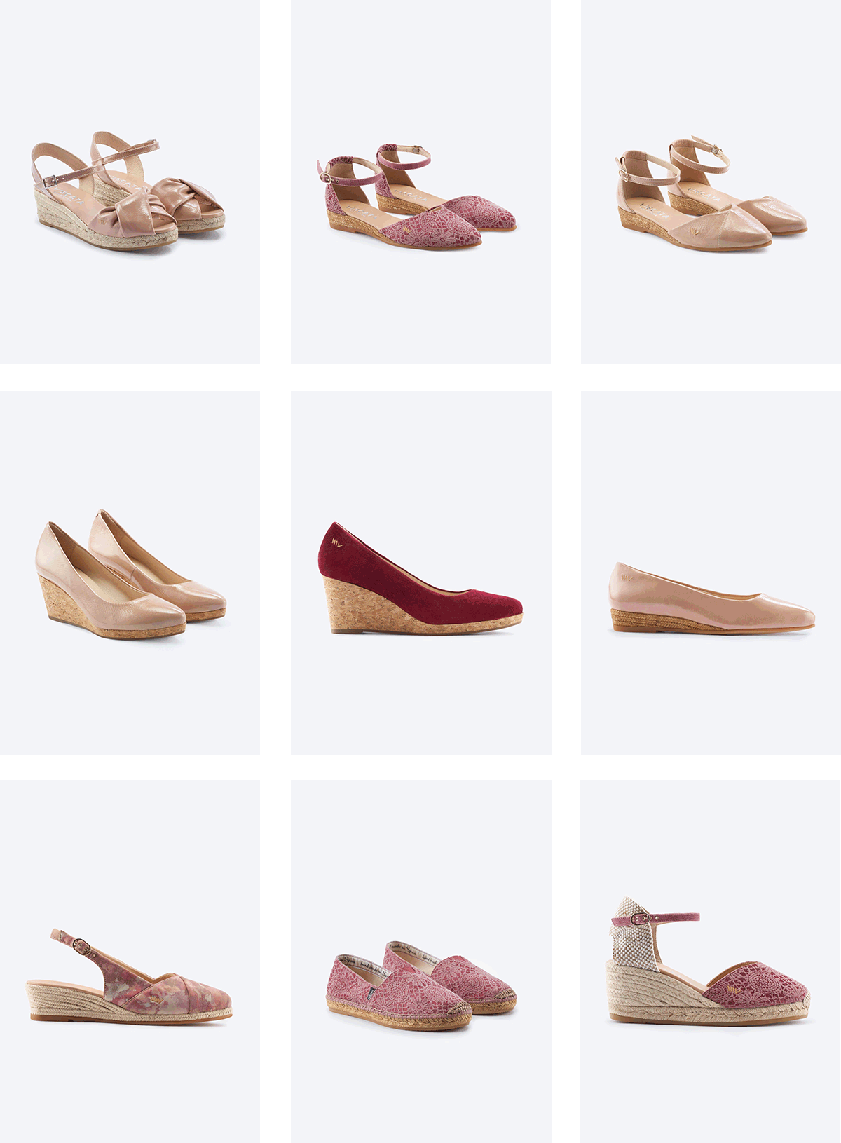 Animated collage featuring champagne, pink, burgundy, and floral espadrilles, wedges, and ballet flats on a clean neutral background.