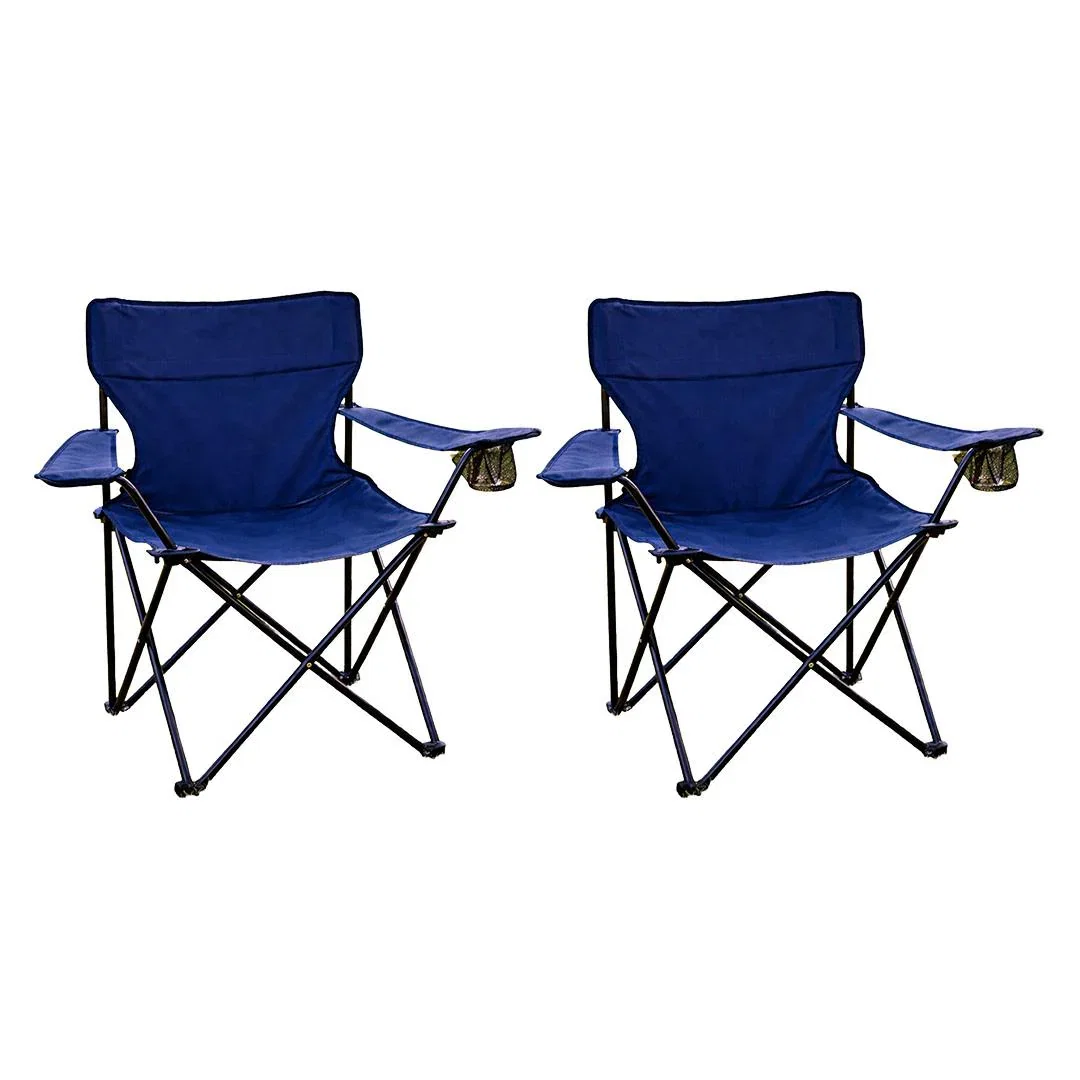 Image of 2-Pack Blue Folding Camping Chairs With Integrated Cup Holder