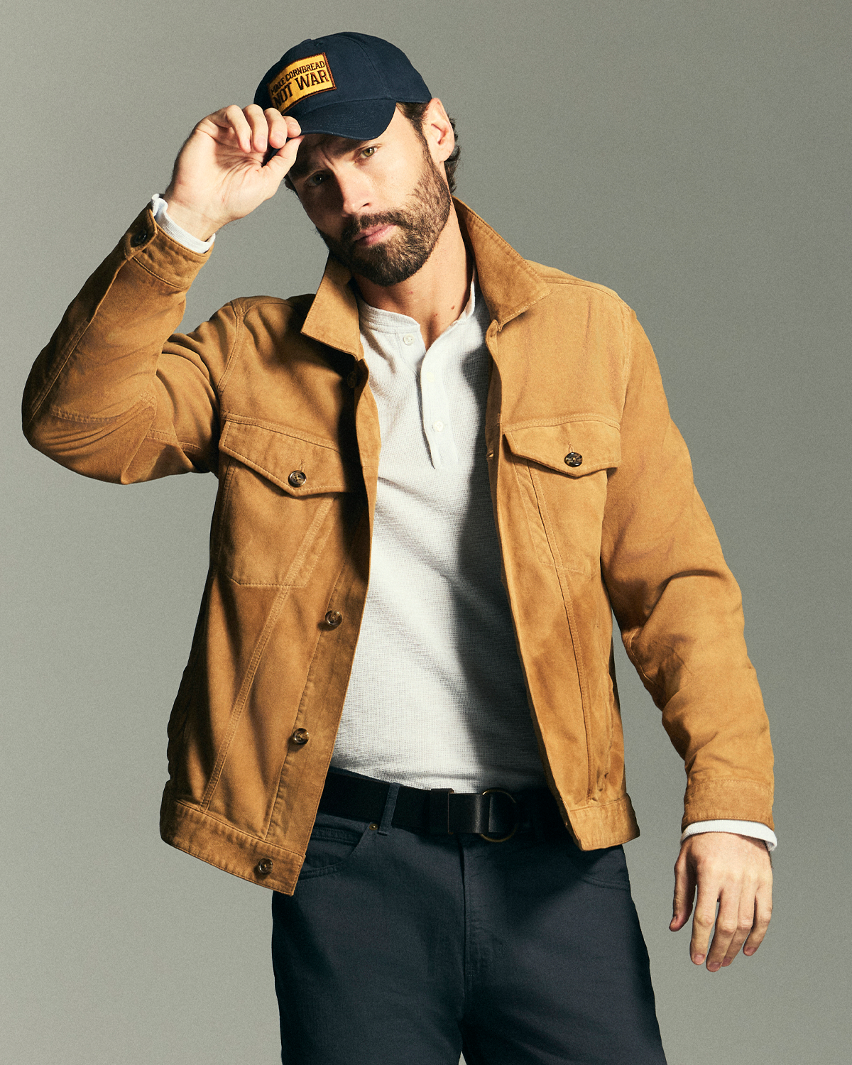 Model wears the Waxed Suede Tupelo Jacket.