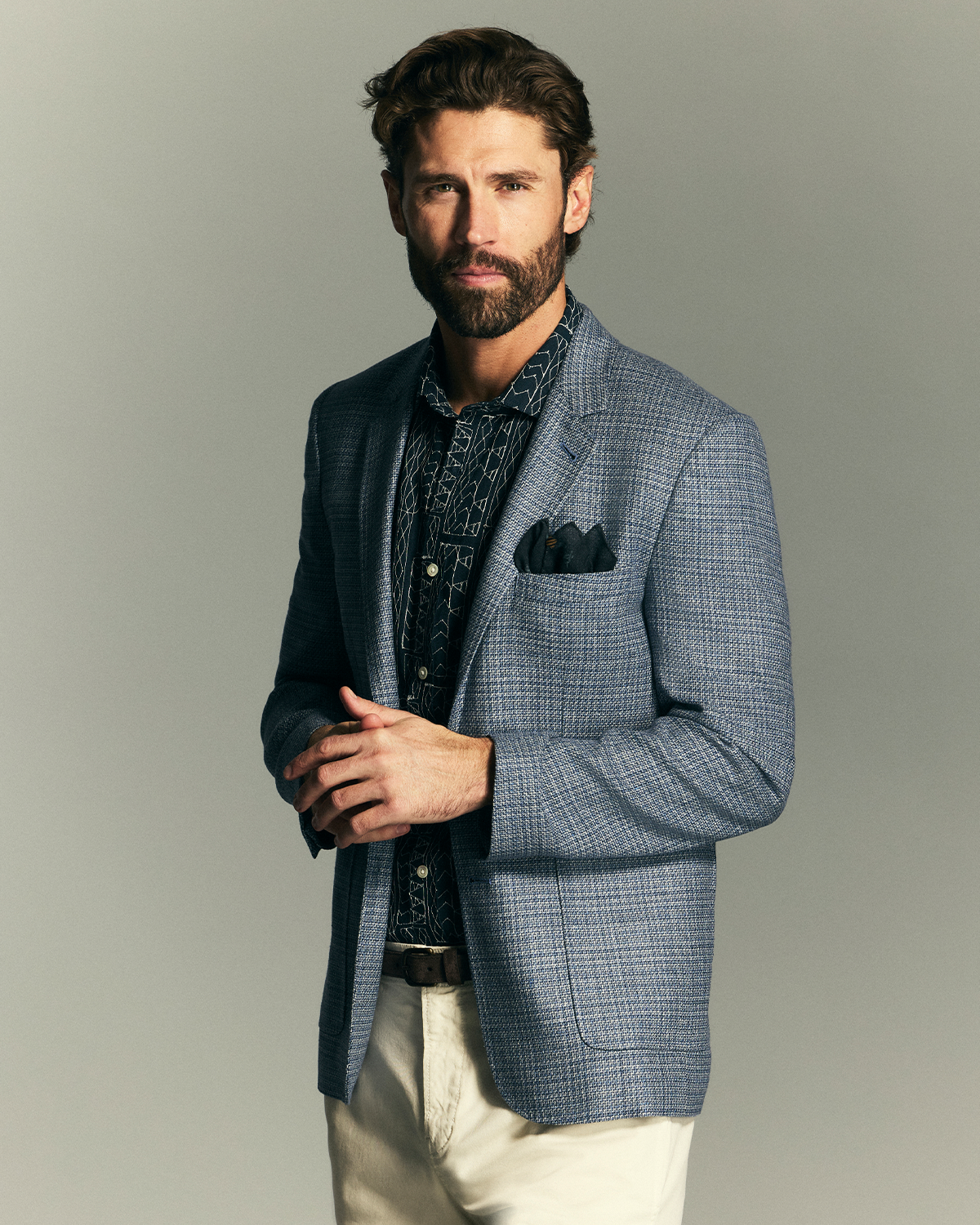 Model wears Billy Reid suiting.