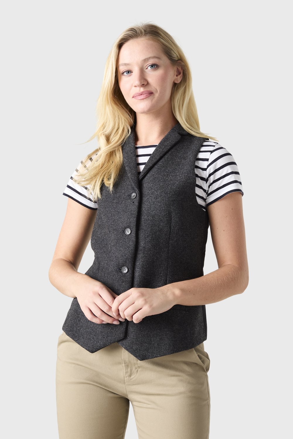 Image of Simon Jersey Women's Herringbone Tweed Waistcoat, Grey
