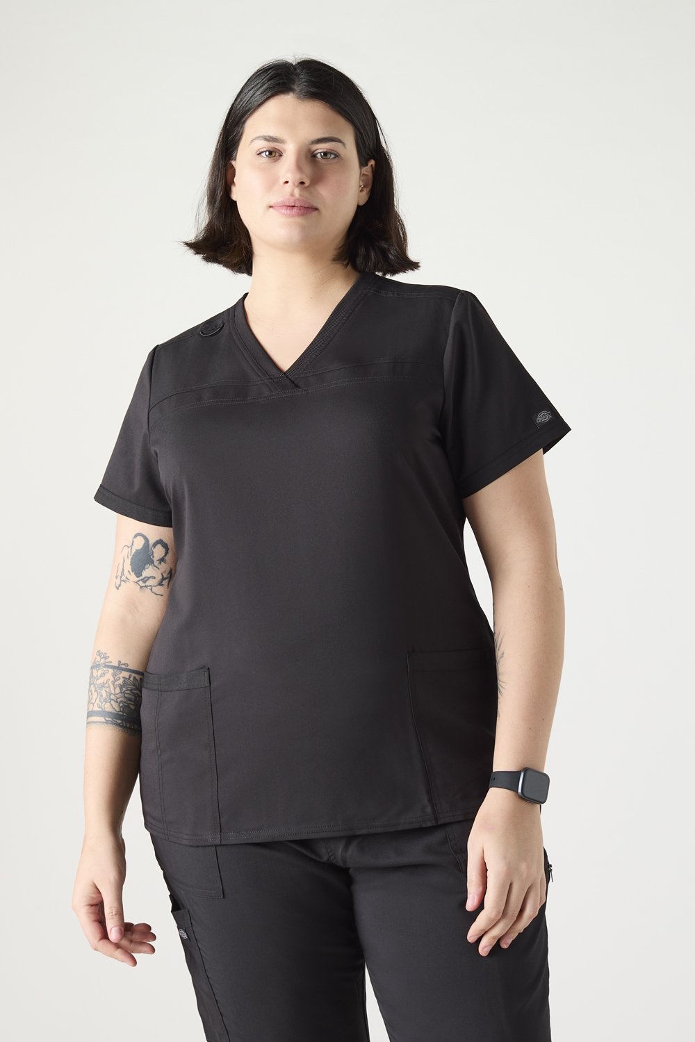 Image of Dickies Balance Women's V-Neck Scrub Top With Rib Knit Panels, Black