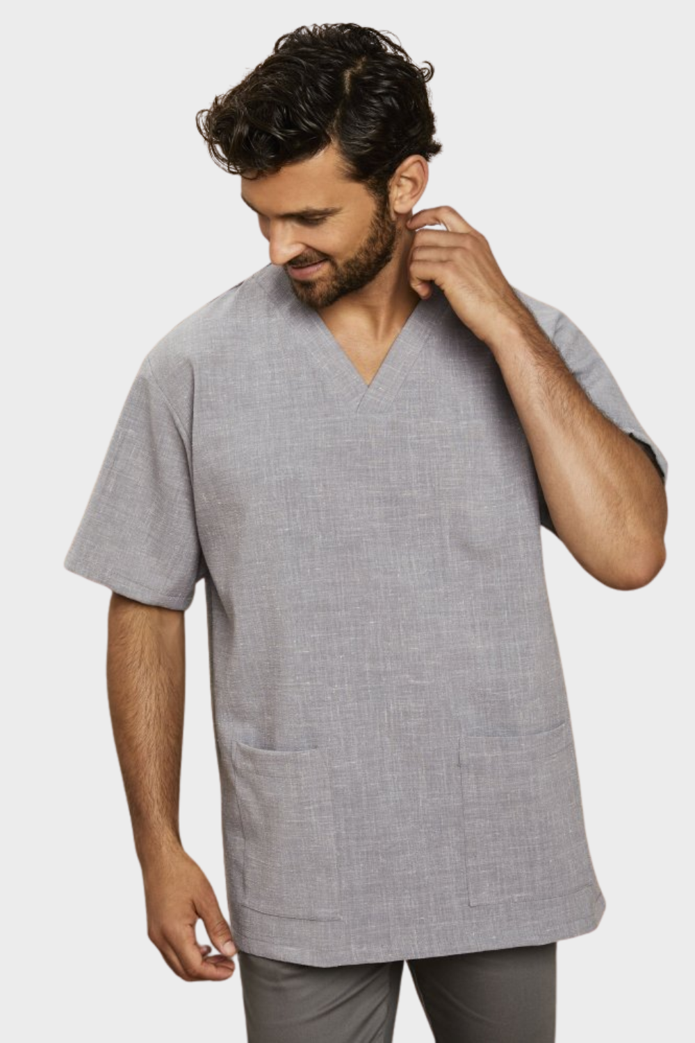 Image of Linen Blend Men's V-neck Tunic, Grey