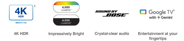 4 Icons representing: 4K HDR 1 | Impressively Bright 4,000 Lumens 2 | Crystal-clear audio, Sounds by Bose | Entertainment at your fingertips with Google TV with Gemeni 2