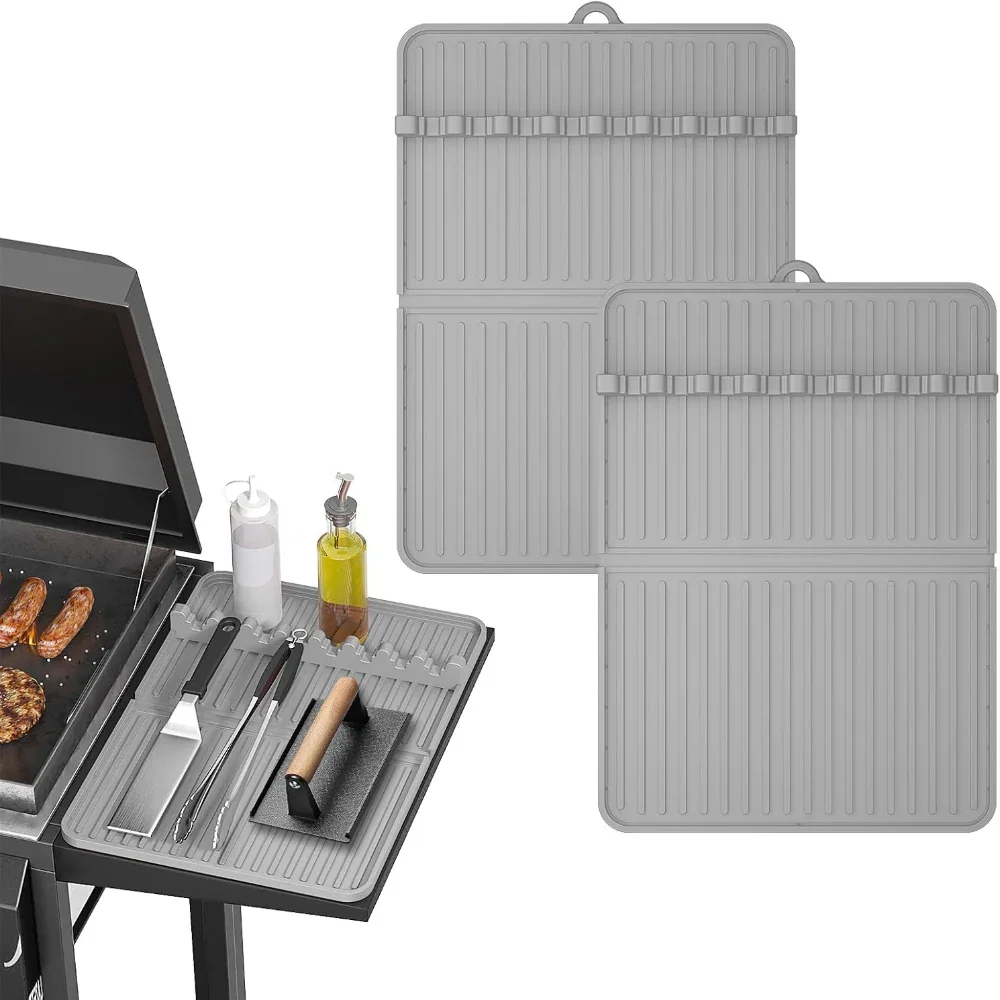 Silicone Grill Mat – Adjustable Slot Design – Griddle Tool & Drip Catch Use – Compatible with Blackstone-Style Griddles – Side Shelf Accessory Mat – Grey
