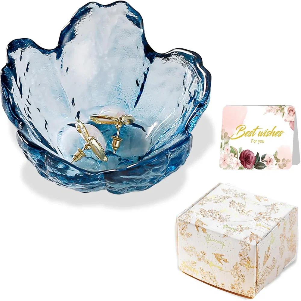 Glass Ring Dish Jewelry Tray - Flower Design Vanity Organizer for Nightstand Decor