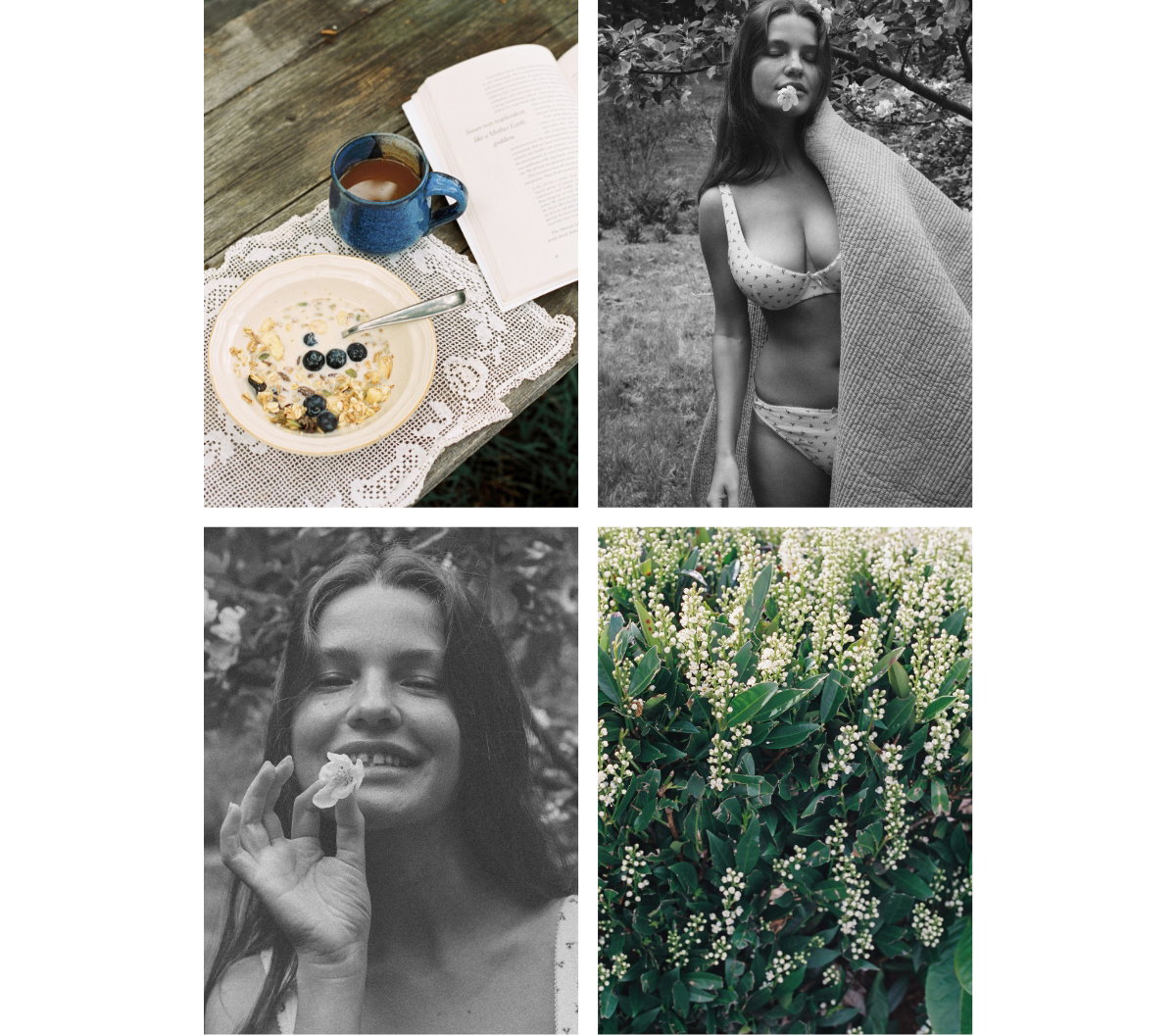 Breakfast bowl, coffee and book; young woman in underwear, young woman face; flowers