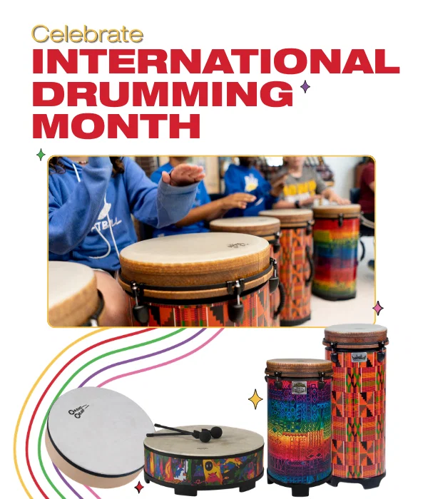 Celebrate International Drumming Month with classroom drums and percussion instruments.