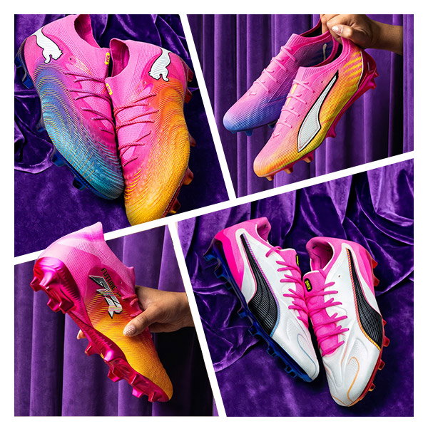 Collage of vibrant pink-orange gradient football boots with blue accents and white Puma logo on purple velvet background