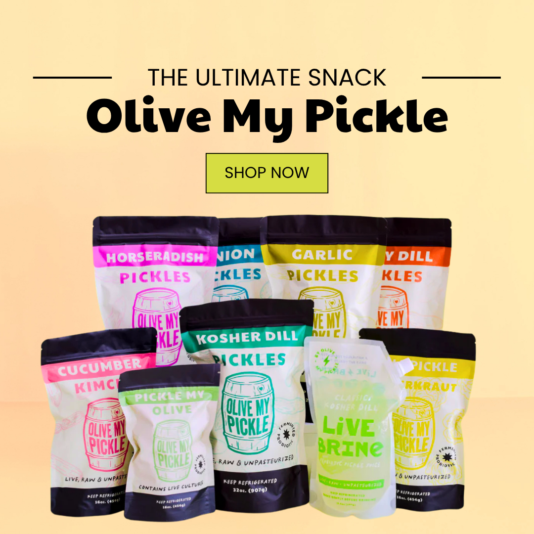 A collection of colorful pouches and a pourable bag from Olive My Pickle, including Horseradish, Garlic, Kosher Dill, and Spicy Dill pickles, Cucumber Kimchi, a