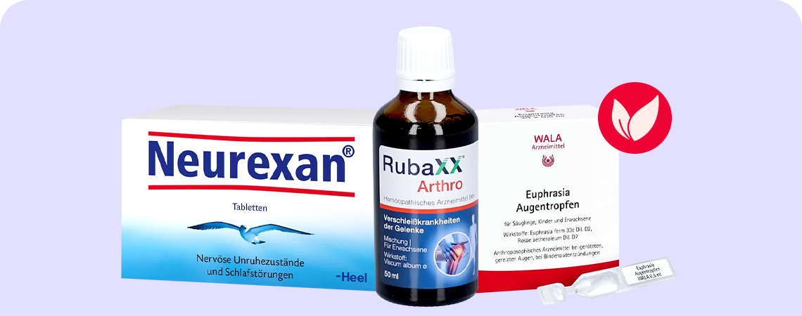 Produkte Neurexan, Rubaxx Arthro und Euphrasia Augentropfen. Symbol für natürliche Arzneimittel.