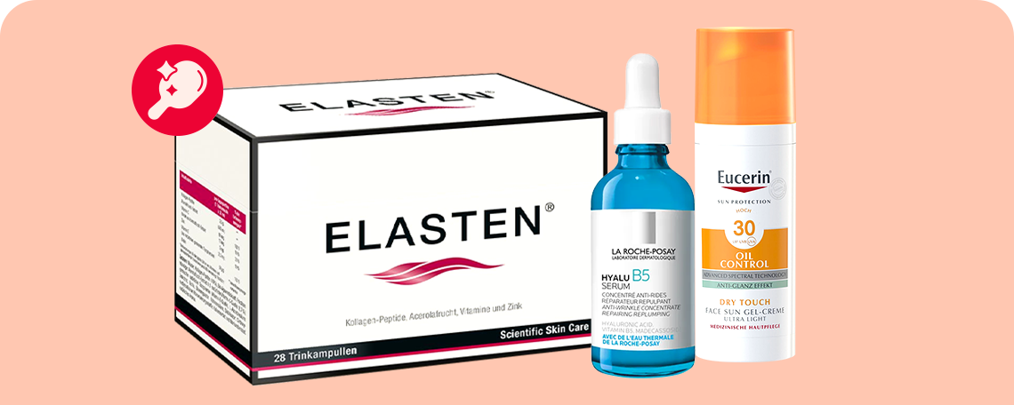 Produkte von Elasten, La Roche-Posay und Eucerin für Hautpflege und Sonnenschutz.
