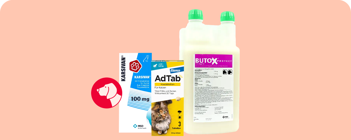 Tierarzneimittel und Pflegeprodukte für Hunde und Katzen, darunter AdTab und Butox Protect.