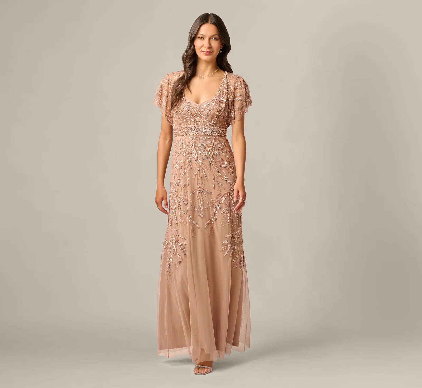 Image of Short Sleeve Botanical Beaded Gown In Rose Gold