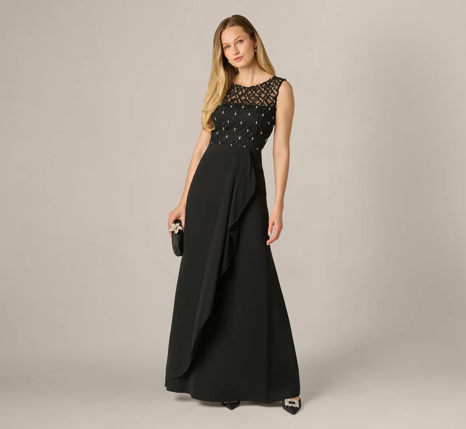 Image of Draped Crepe Beaded Combo Gown In Black