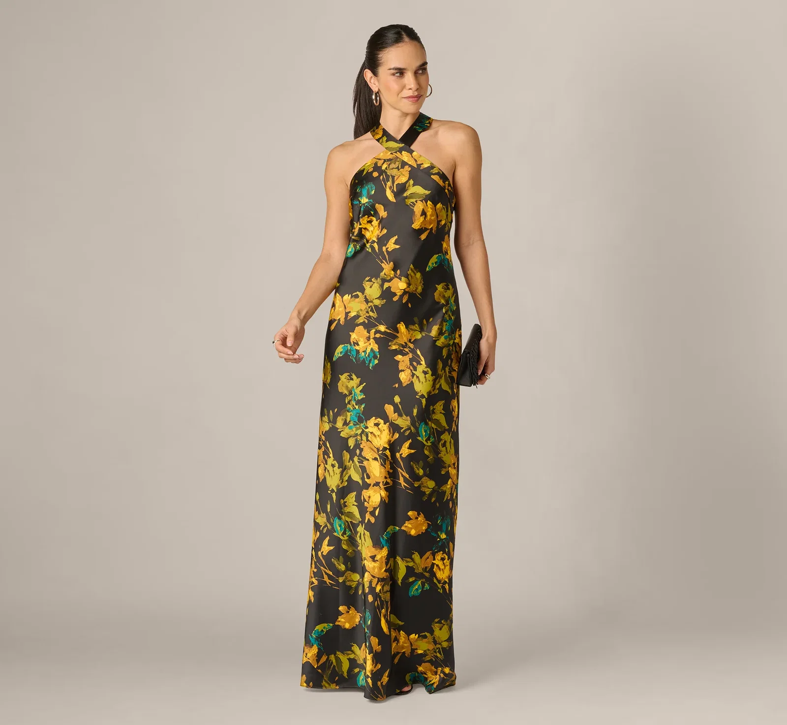 Image of Floral Stretch Satin Scarf Halter Gown In Black Multi