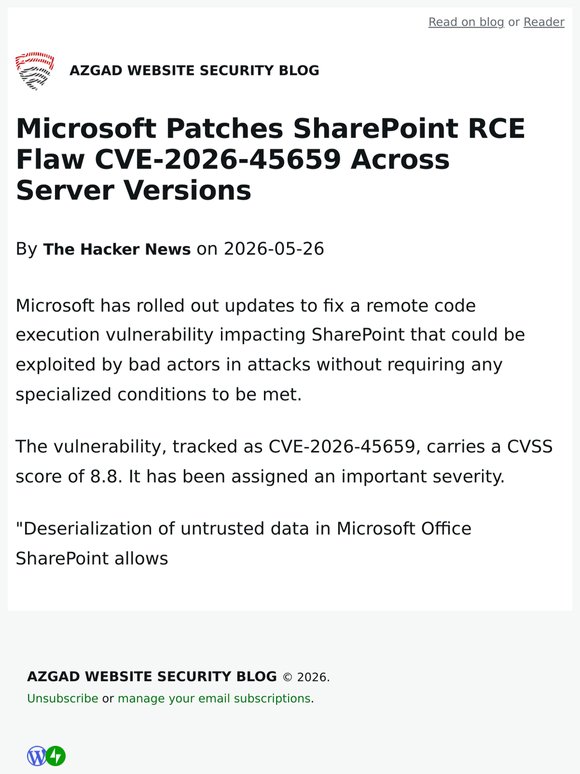 Microsoft Patches SharePoint RCE Flaw CVE-2026-45659 Across Server Versions