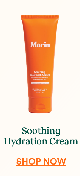 Bright orange Marin Soothing Hydration Cream tube on a neutral background with text below reading “Soothing Hydration Cream” and “Shop Now.”
