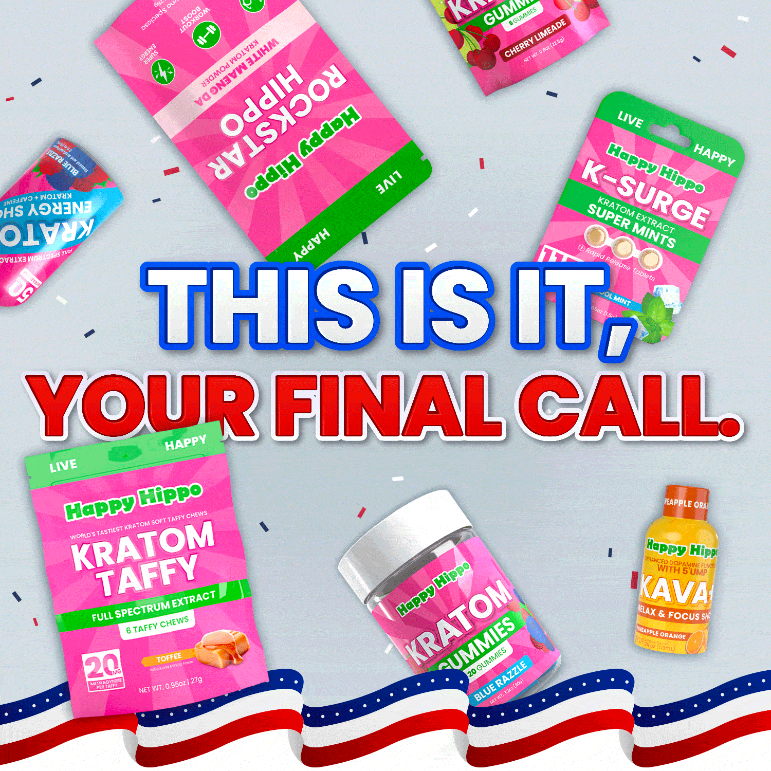 Happy Hippo Memorial Day final sale graphic featuring gummies, taffy, mints, and patriotic decorations everywhere.
