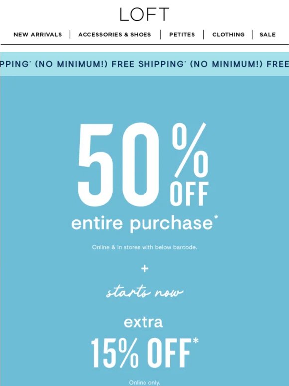 STARTS NOW: 50% off + extra 15% off + free shipping
