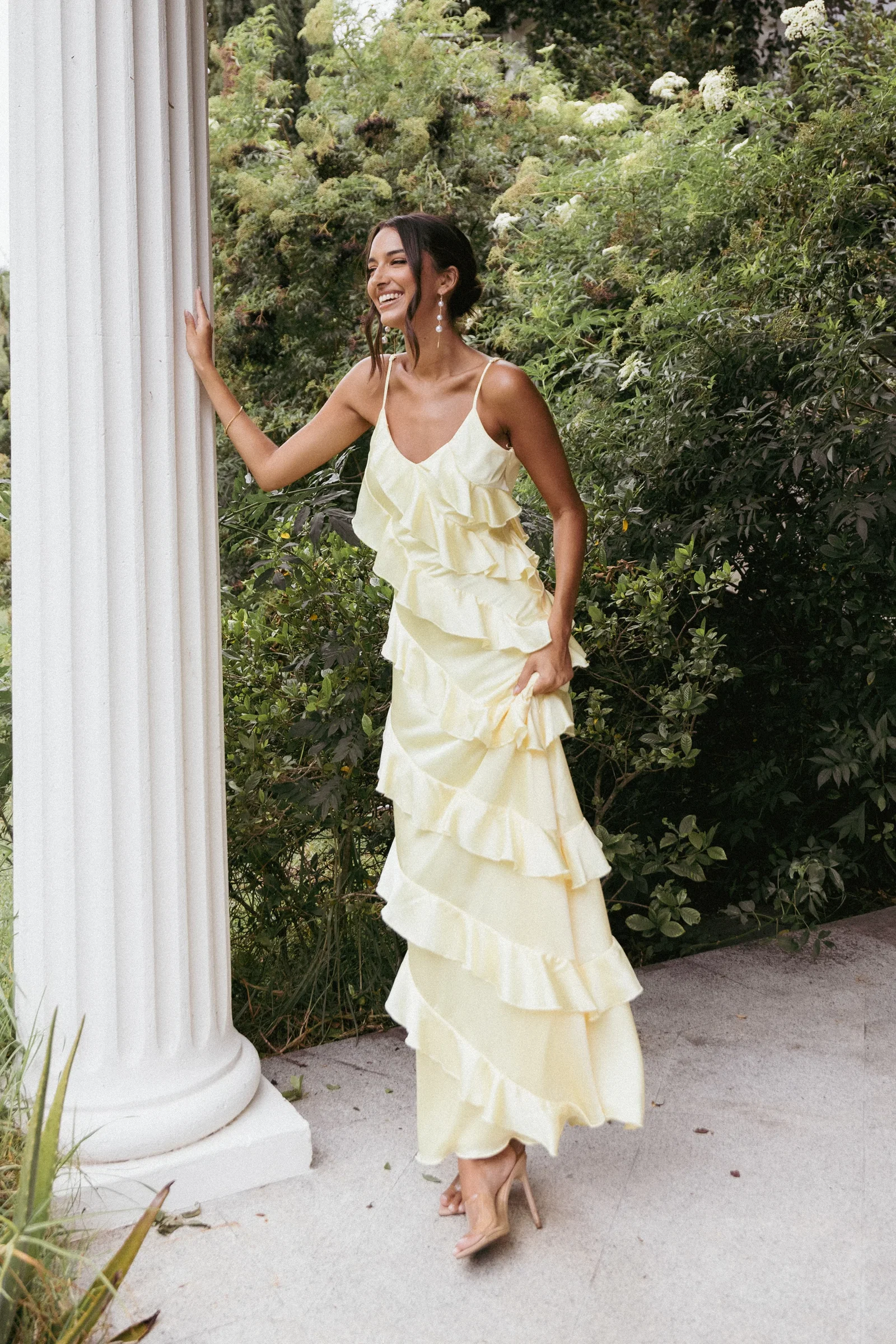 Image of Ciao Ruffles Maxi Satin Dress - Pale Yellow