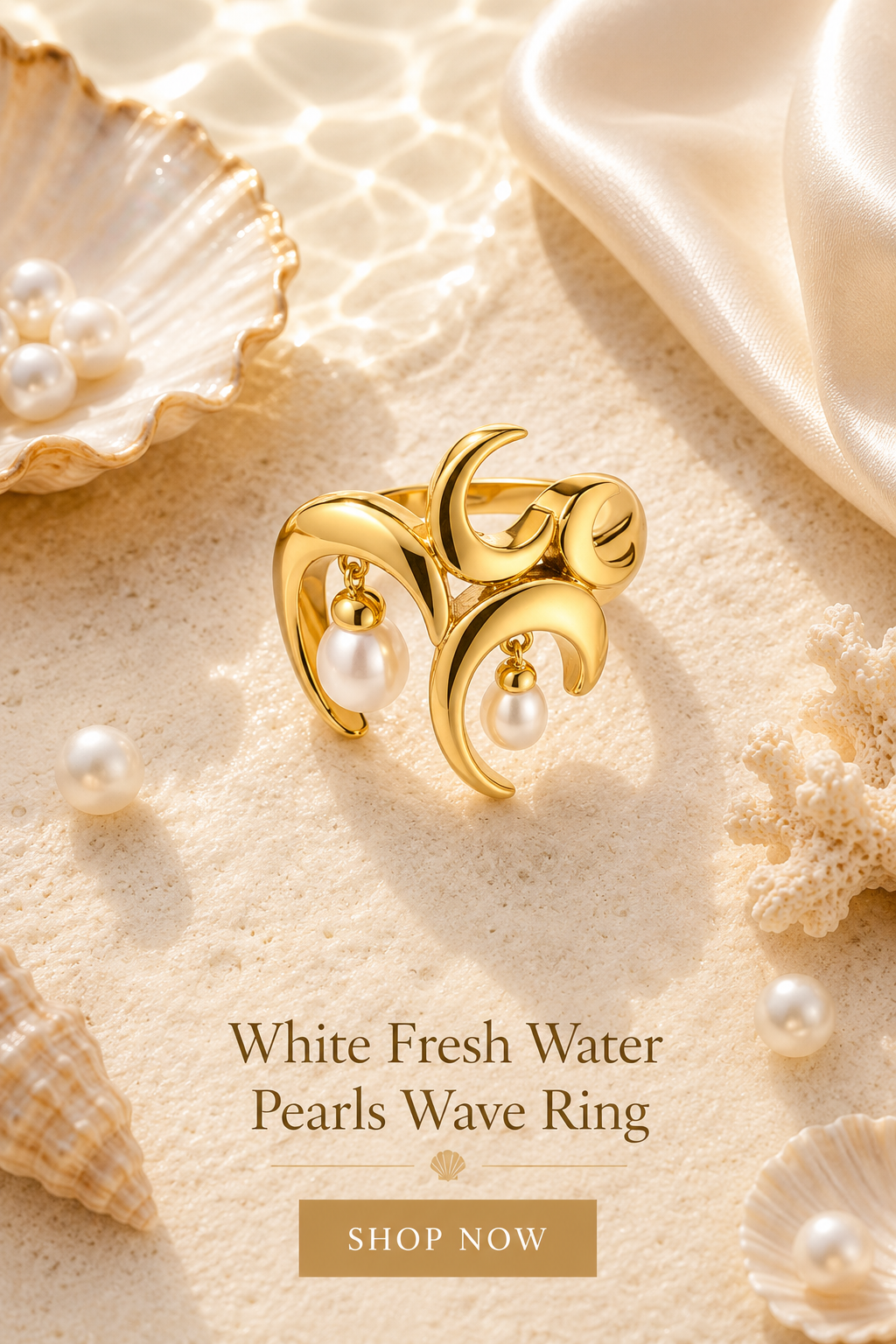 Wave Ring with White Fresh Water Pearls