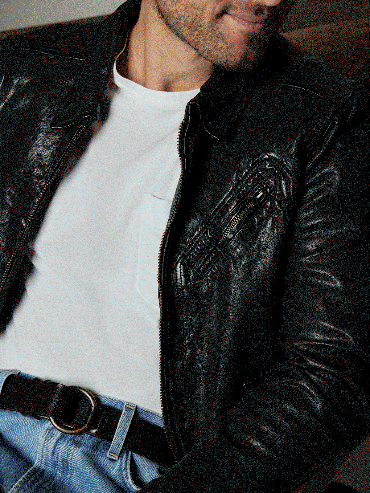 Billy Reid Icon pieces: the Blake Leather Jacket, Shoals Denim Shirt, and Cochran Moleskin Jean in a gif