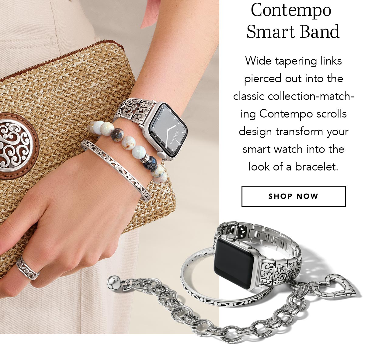Contempo Smart Band - Wide tapering links pierced out into the classic collection-matching Contempo scrolls design transform your smart watch into the look of a bracelet. - Shop Now