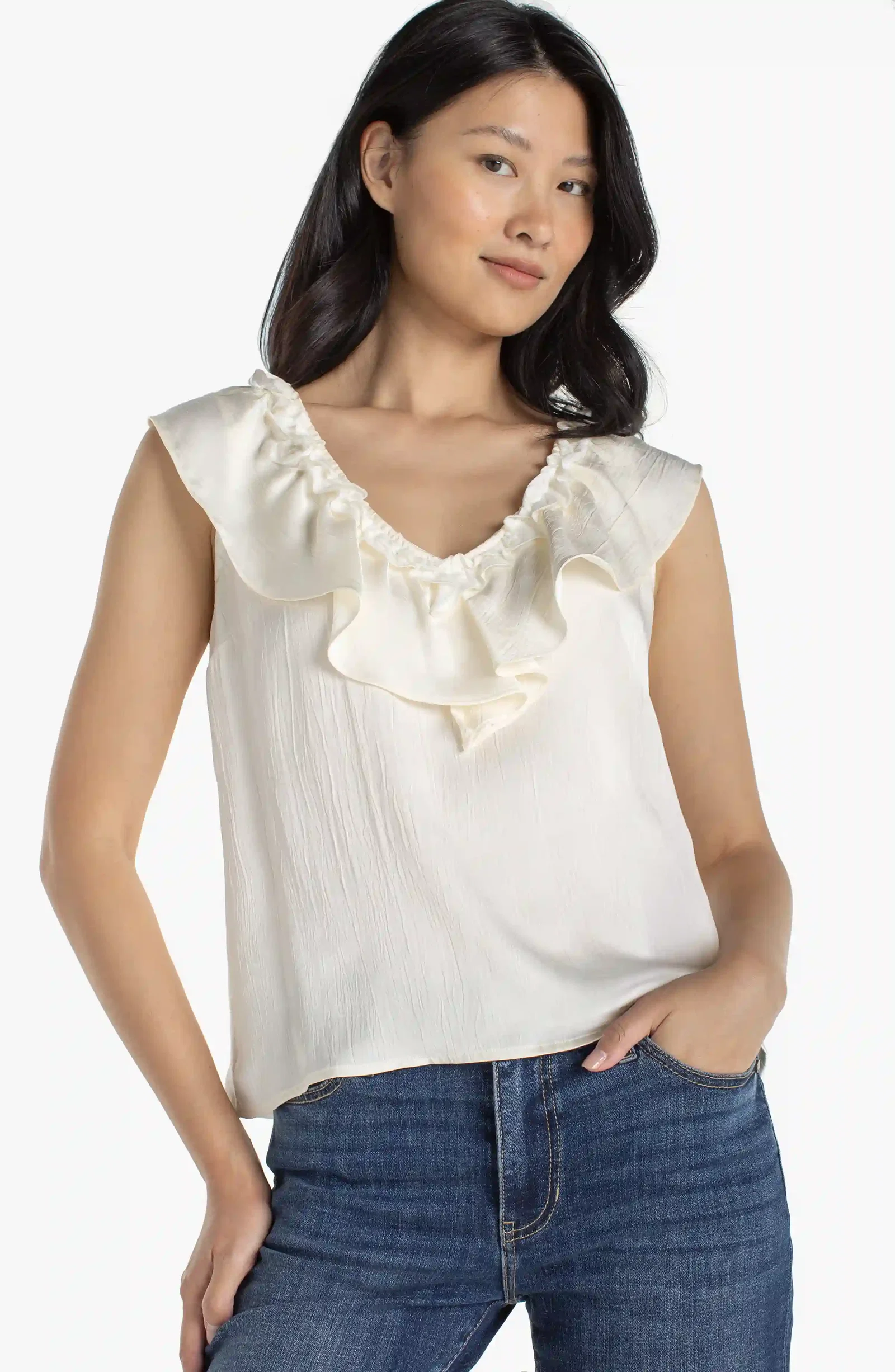 Image of RUFFLE FRONT SLEEVELESS WOVEN-TO-KNIT TOP