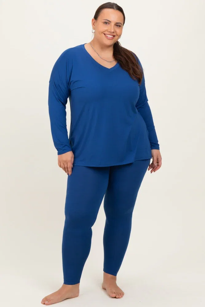 Image of Navy Brushed Knit Oversized Top and Legging Plus Set