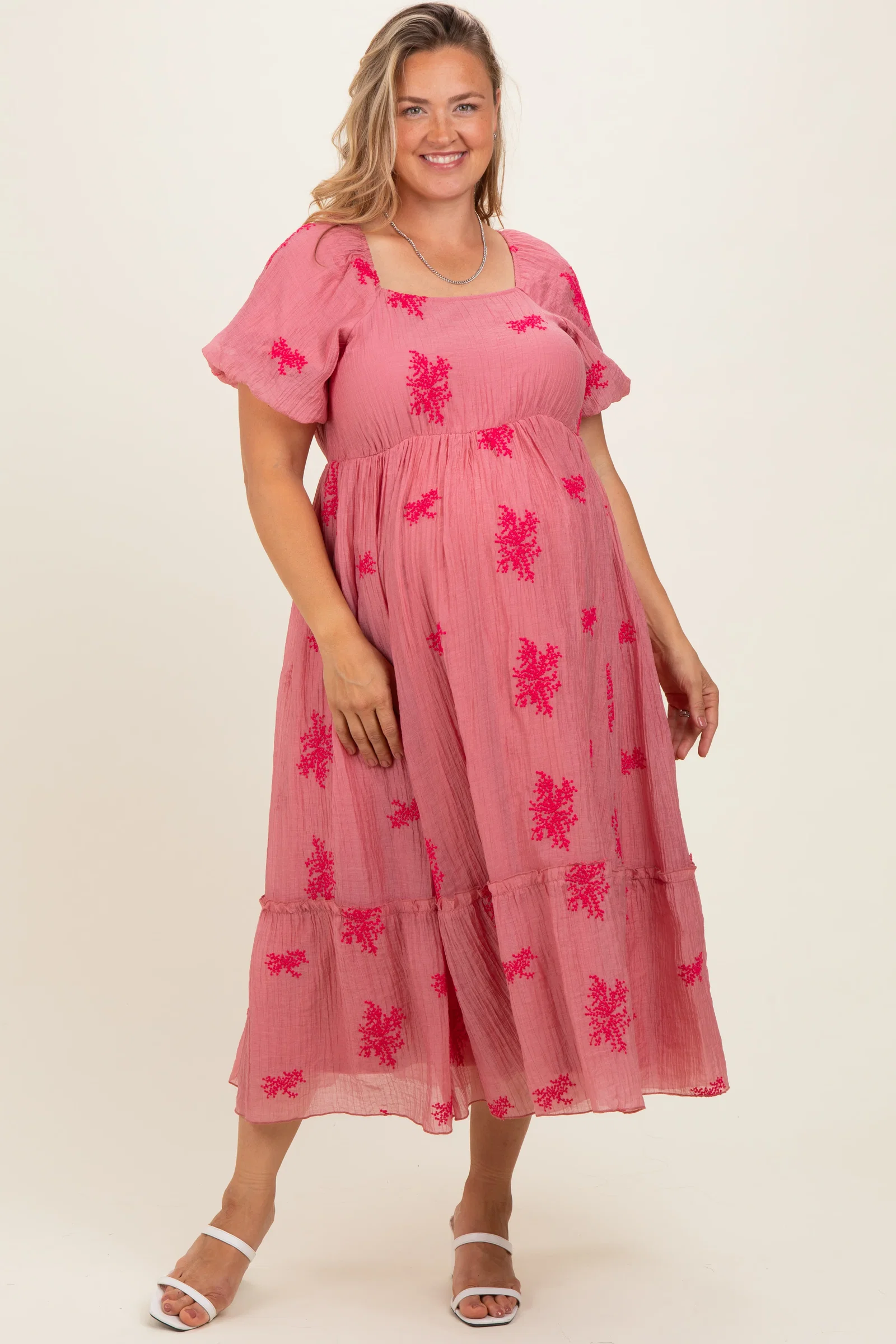 Image of Dusty Mauve Floral Print Ruffle Hem Maternity Plus Midi Dress