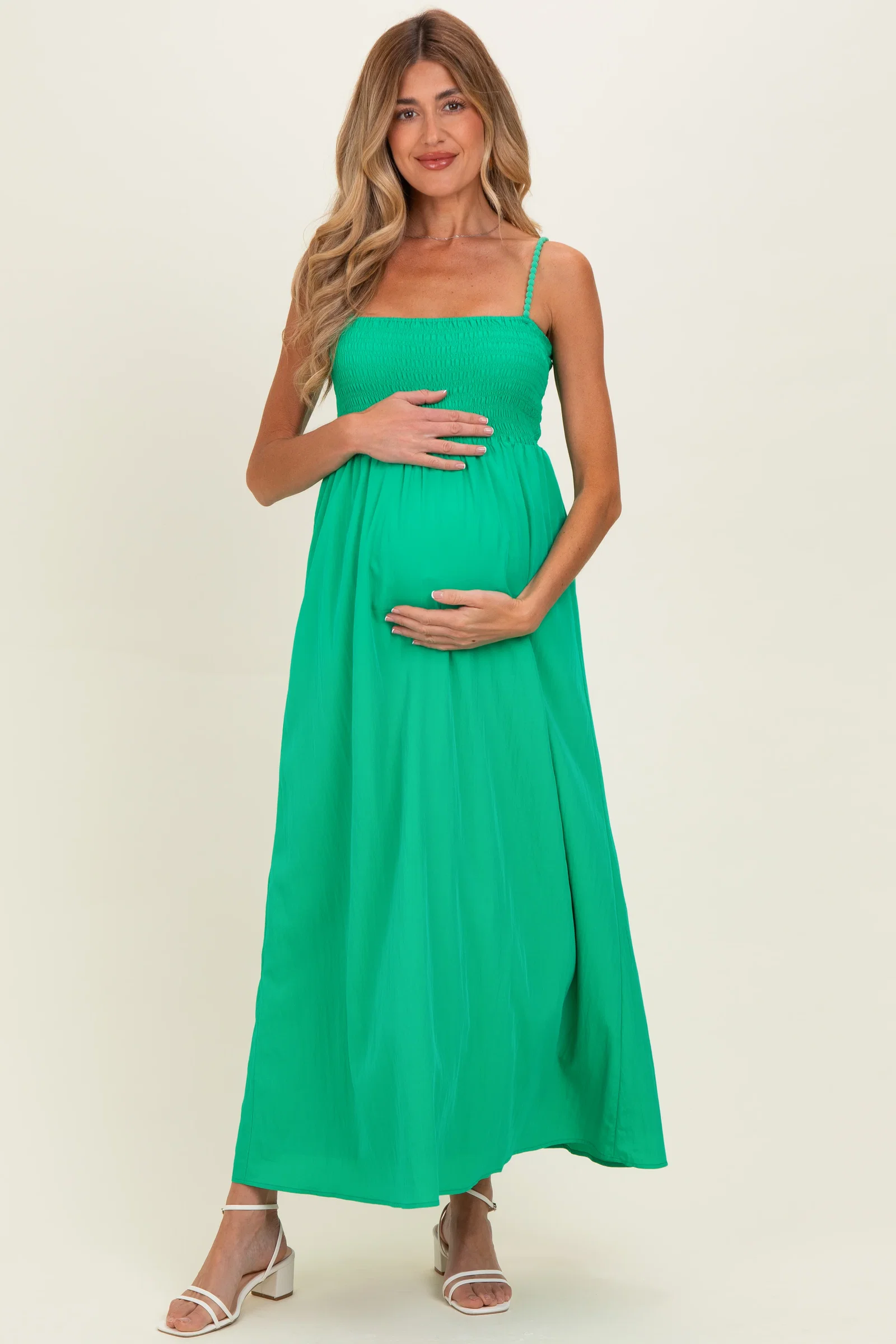 Image of Green Pom Pom Strap Smocked Maternity Maxi Dress