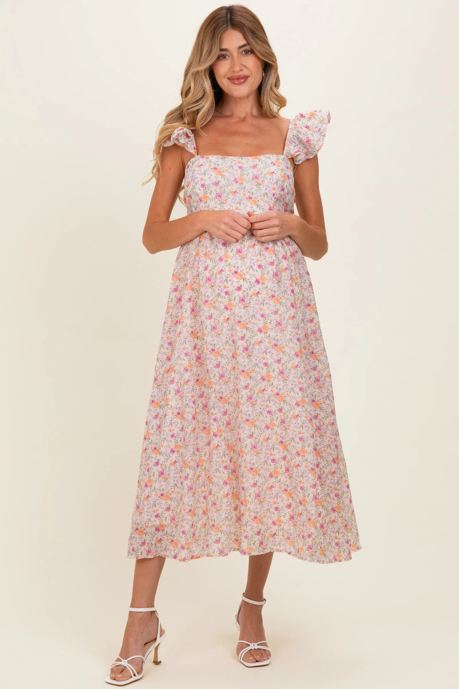 Image of Blush Floral Ruffle Strap Maternity Midi Dress