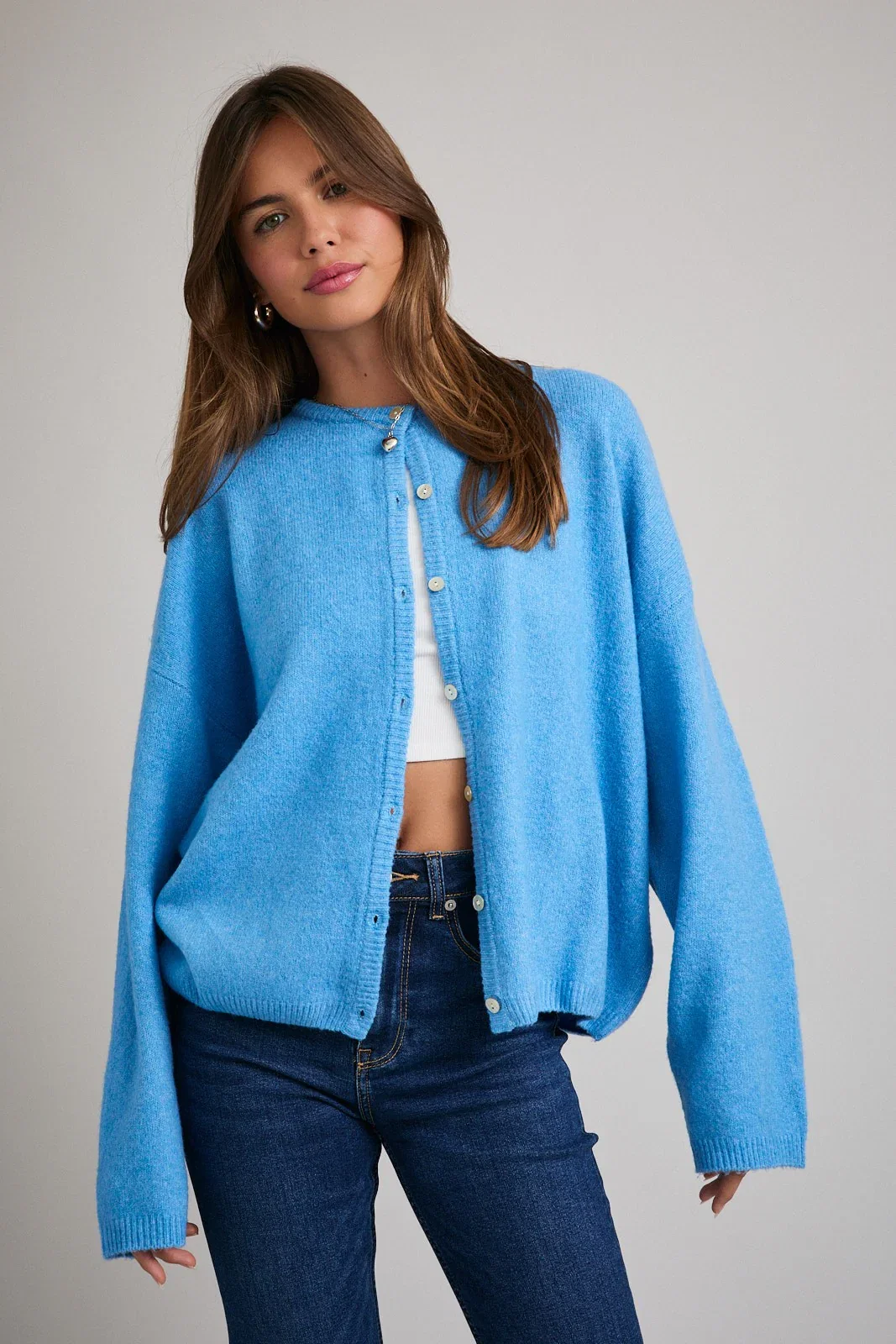 Image of Aqua Classic Crew Neck Button Cardigan