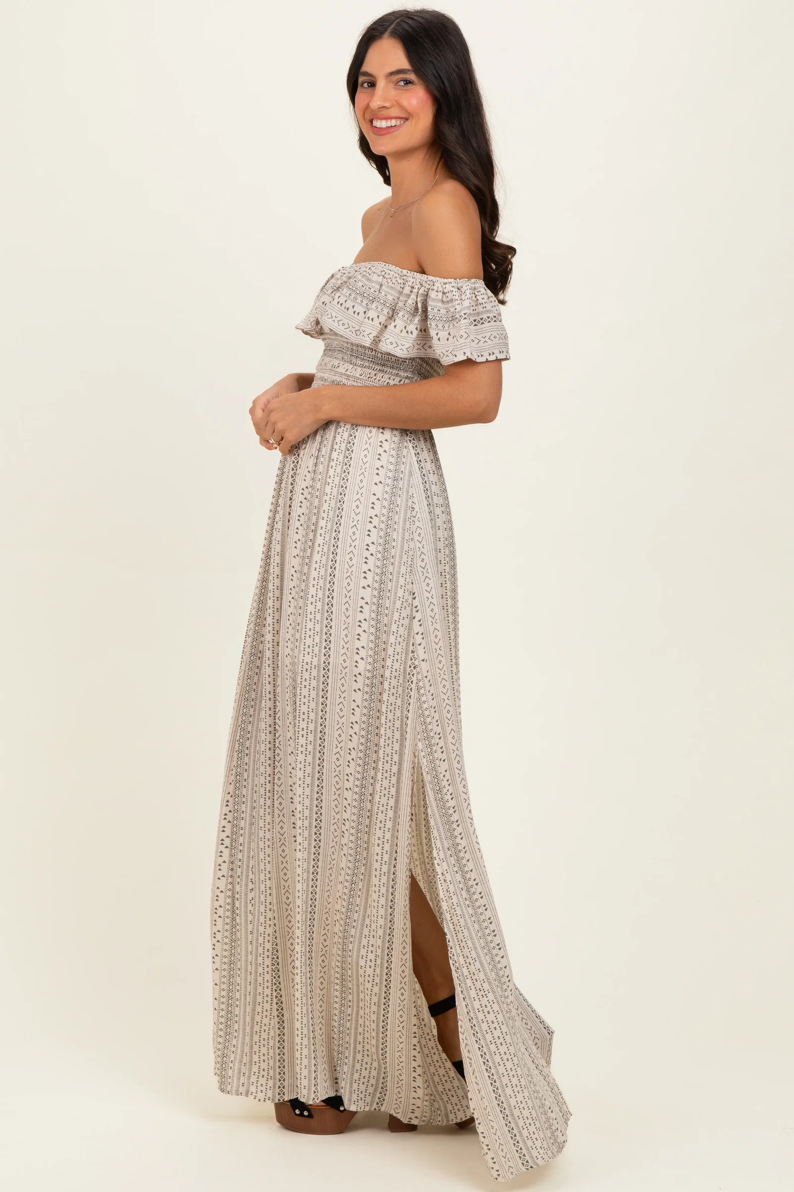Image of Beige Ruffle Off Shoulder Maxi Dress
