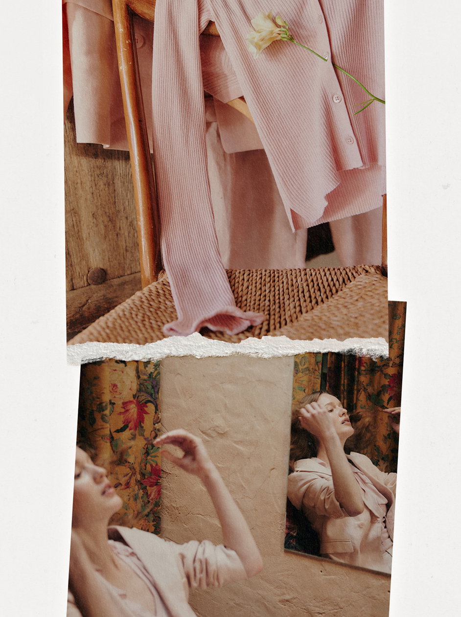 Elegante DOROTHEE SCHUMACHER Collage in zarten Pinktönen: Ein Cardigan aus softem Rippstrick trifft auf einen modernen Blazer-Look, eingefangen in einer verträumten, persönlichen Atmosphäre.