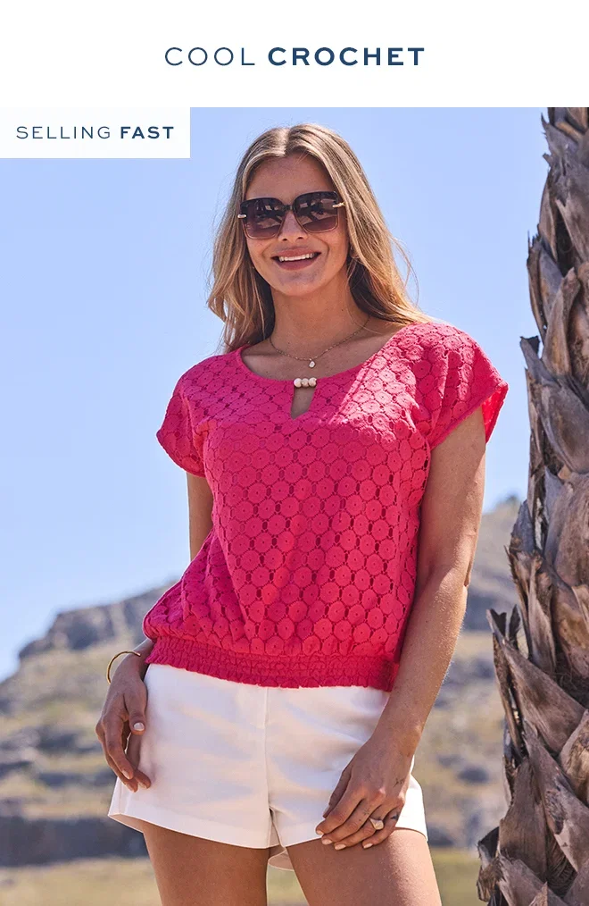 Coral Crochet Shirred Hem Keyhole Detail Top