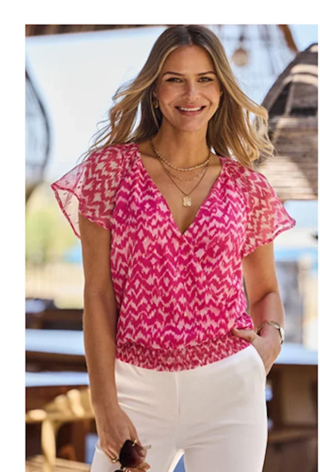 Pink Metallic Abstract Print Shirred Hem Wrap Top