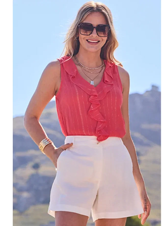 Coral Textured Ruffle Detail Top