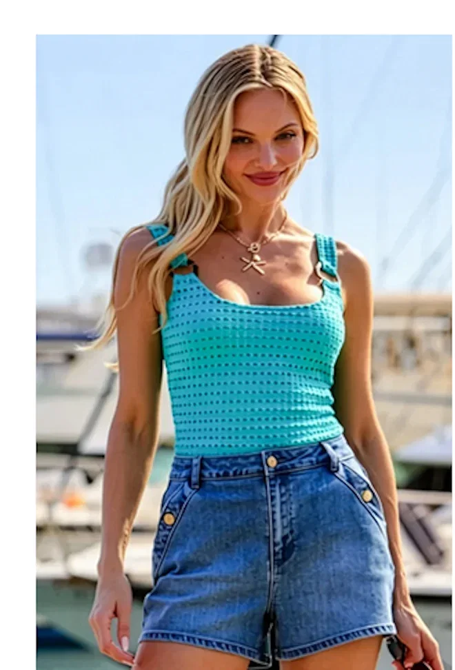 Topaz Blue Crochet Ring Detail Vest Top