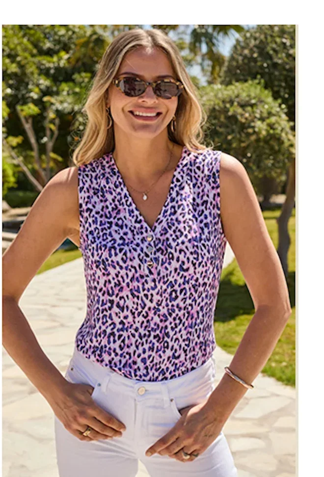 Purple Animal Print Button Sleeveless Top