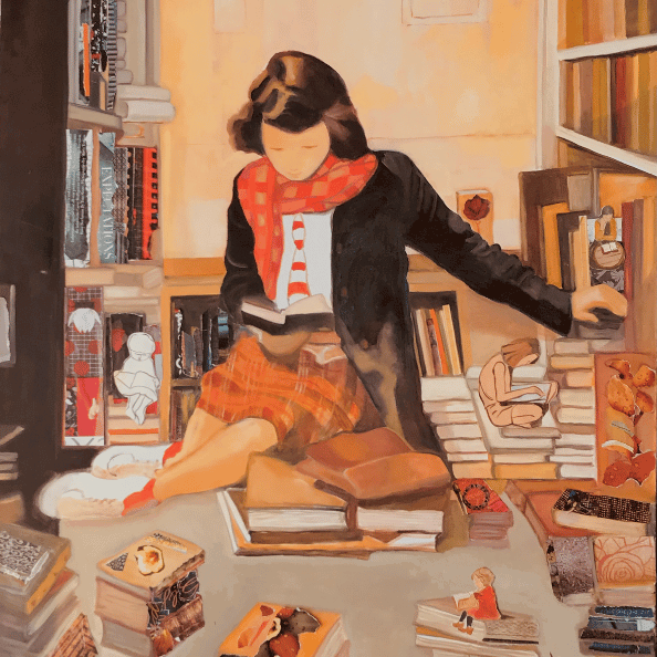 painting of a woman amongst books